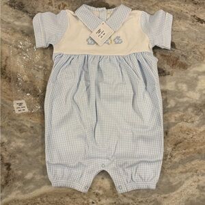NWT Easter romper never worn light blue and white checkered